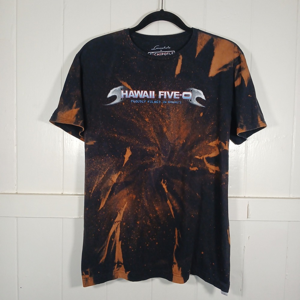 Hawaii Five-O T-Shirt Mens Medium Black Bleach Dye Graphic Organic Cotton Filmed